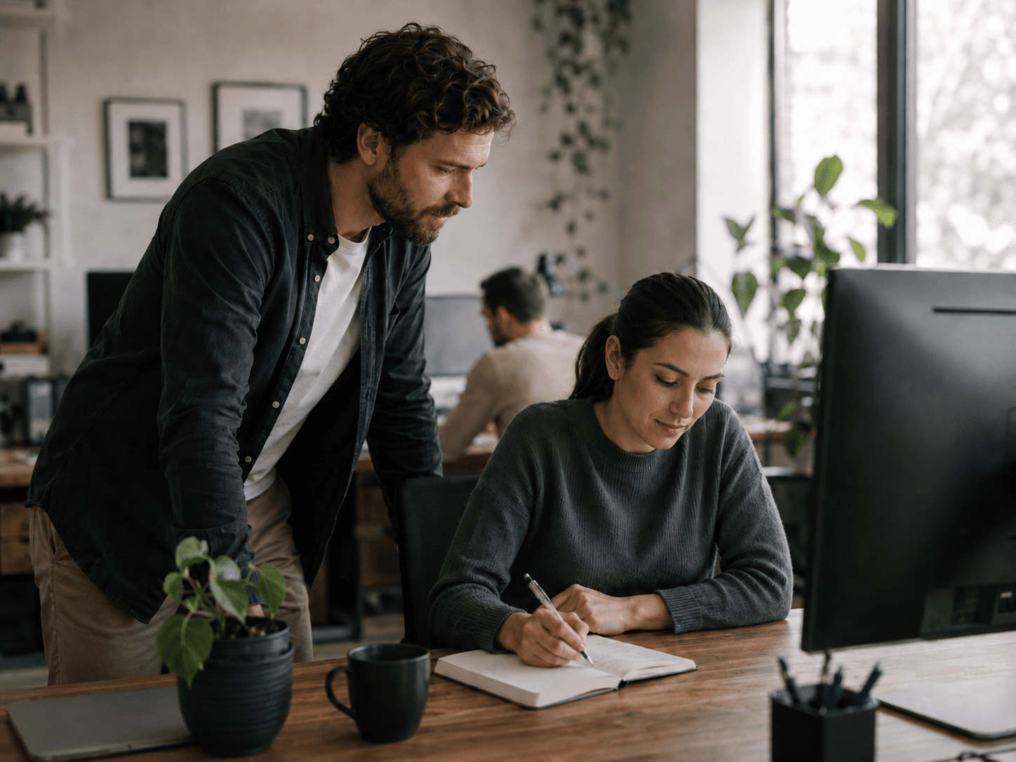 Two colleagues going over project notes together at an office desk
