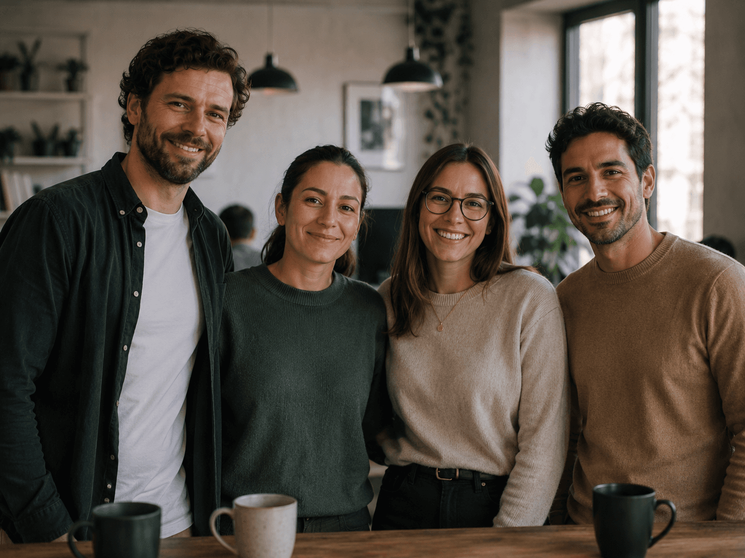 Four colleagues standing together in an office